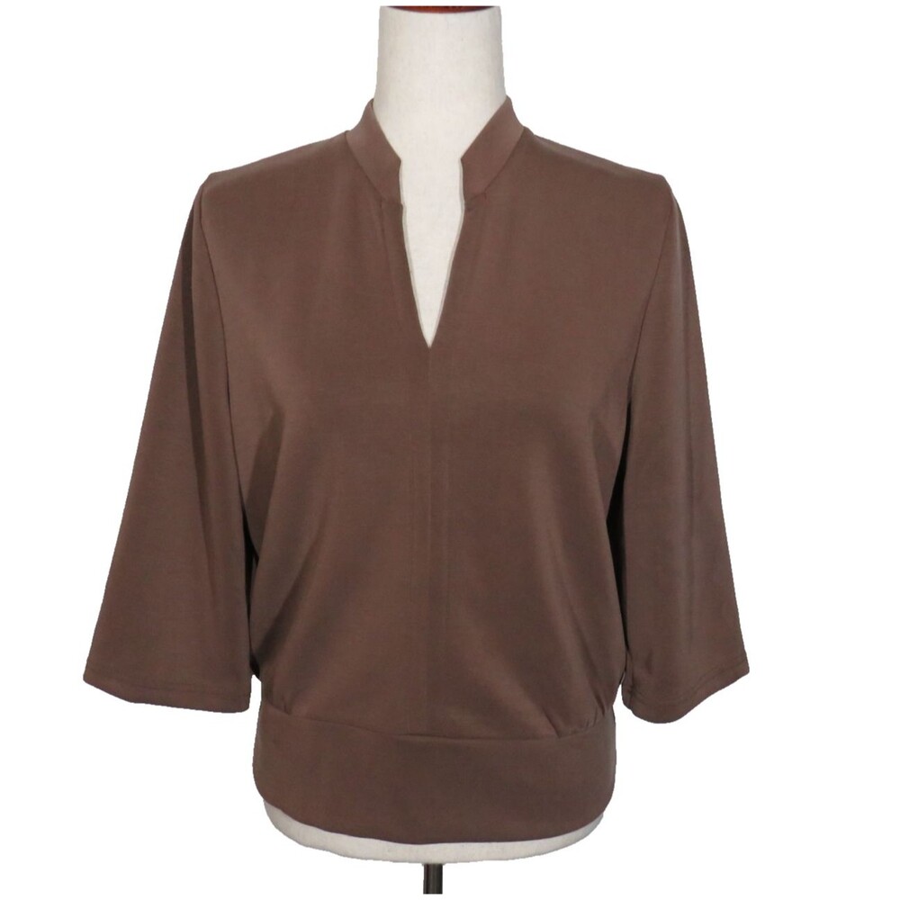 OGL Spacer Knit Banded Hem 3/4 Sleeve V Neck Top Brown Size Medium